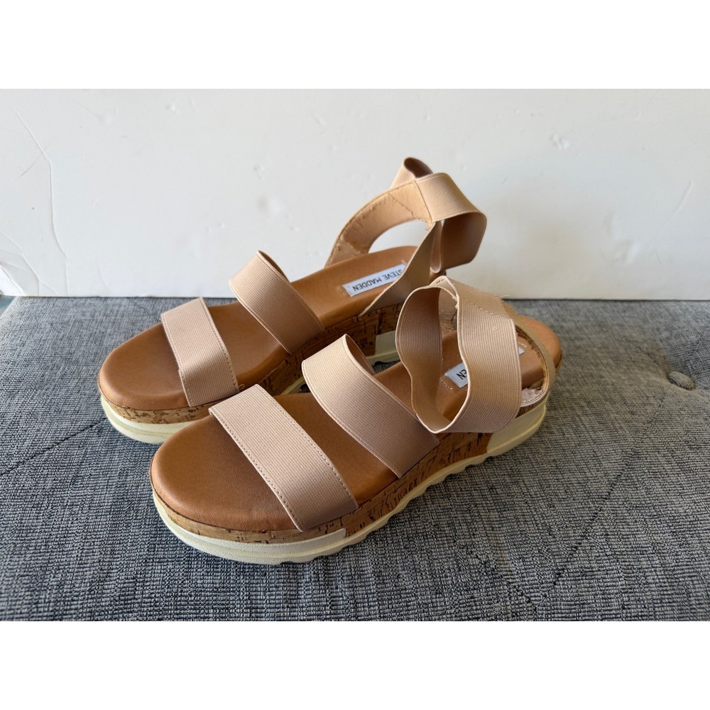 Steve Madden Bandi Elastic Cork Platform Wedge Sandals Nude Sz 9